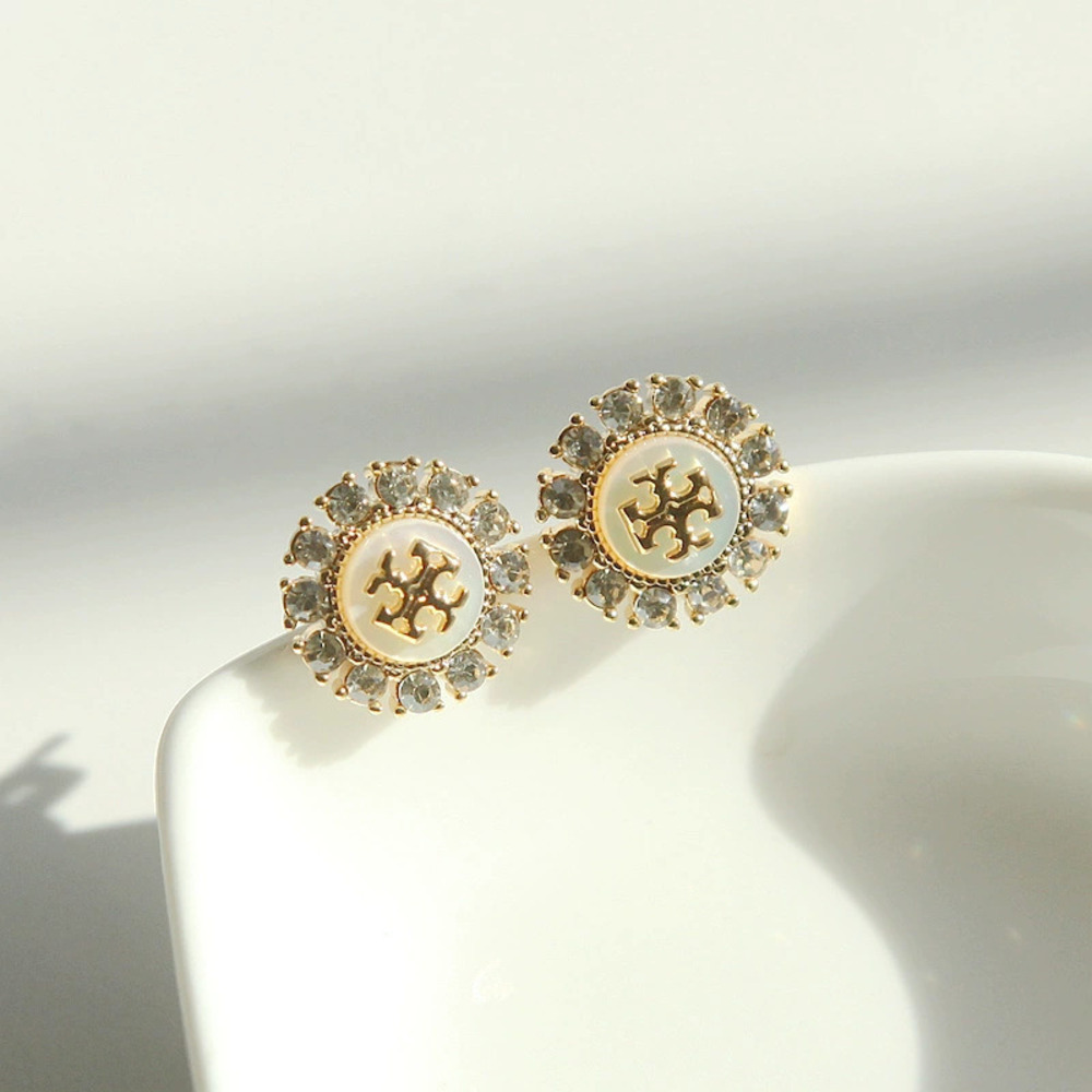 Tory Burch Gold White Shell Full Diamond Sunflower Earrings